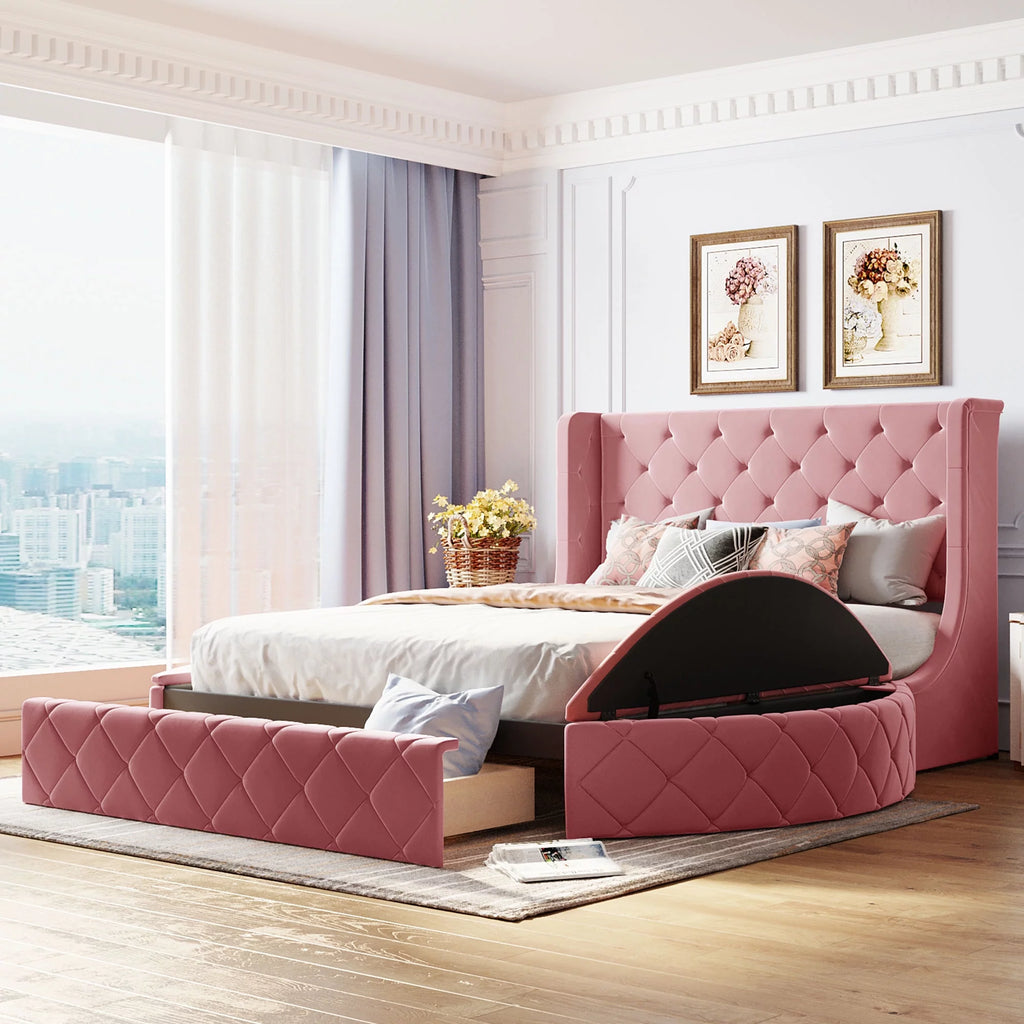 Queen Size Velvet Upholstered Platform Bed with Wingback Headboard and Drawer B614