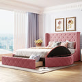 Queen Size Velvet Upholstered Platform Bed with Wingback Headboard and Drawer B614