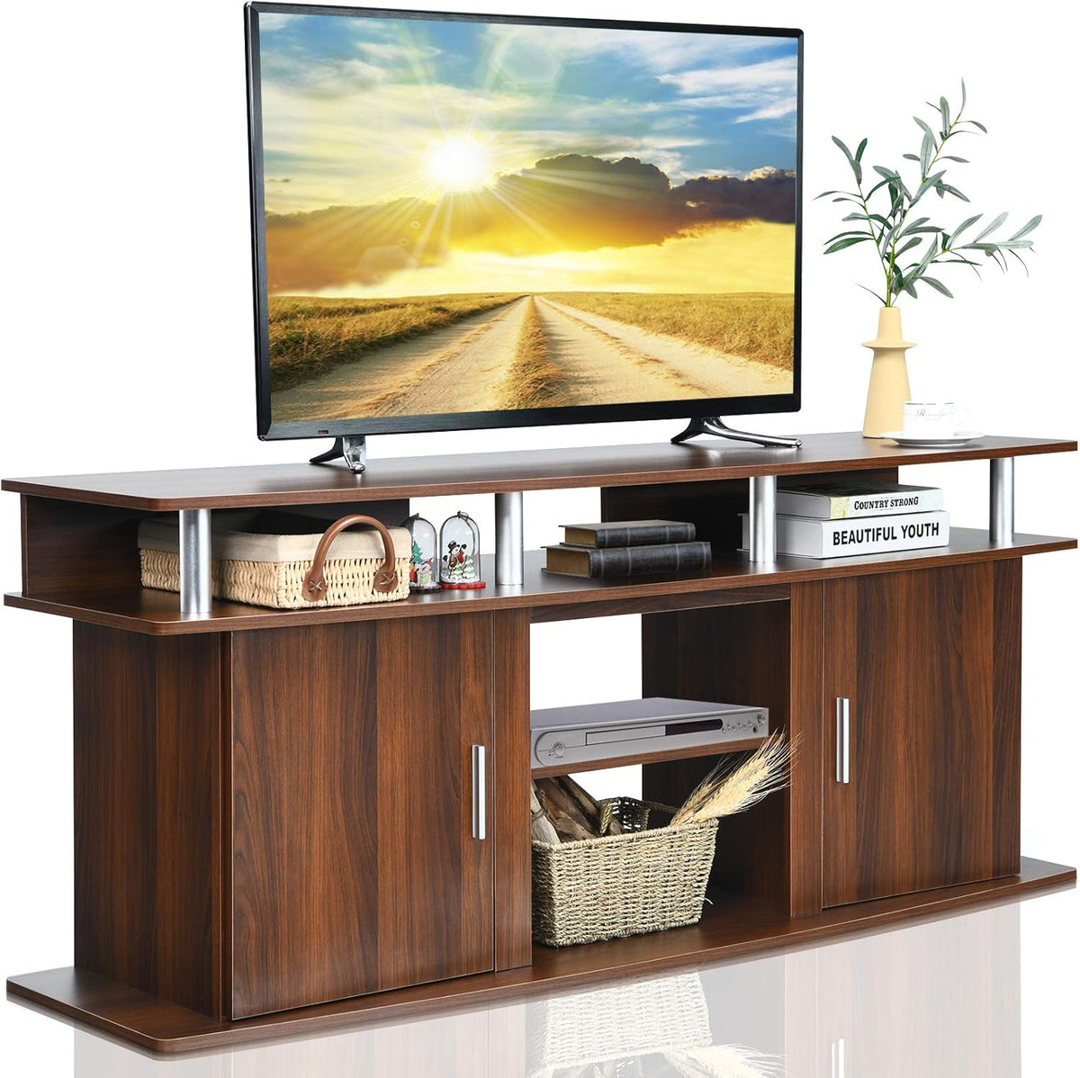 Black TV Stand with 2 Cabinets and Open Shelves Z35386
