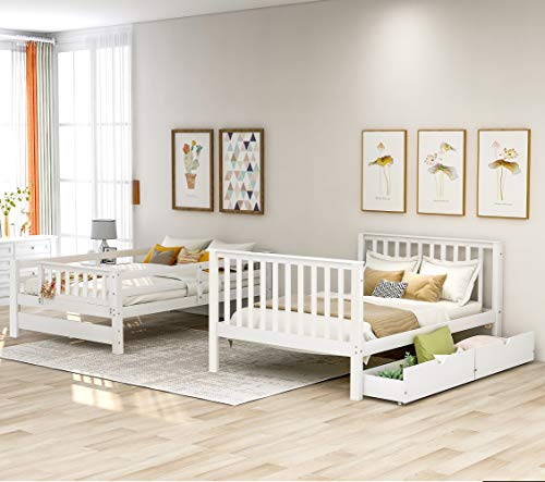 Twin Over Full Wooden Bunk Bed with Trundle and Stairway A653