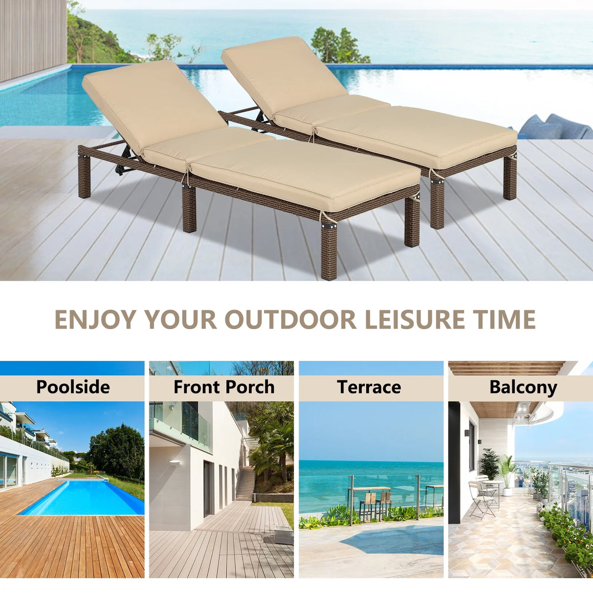Rattan Wicker Chaise Lounge Chair with Adjustable Backrest & Cushion, Set of 2 K911