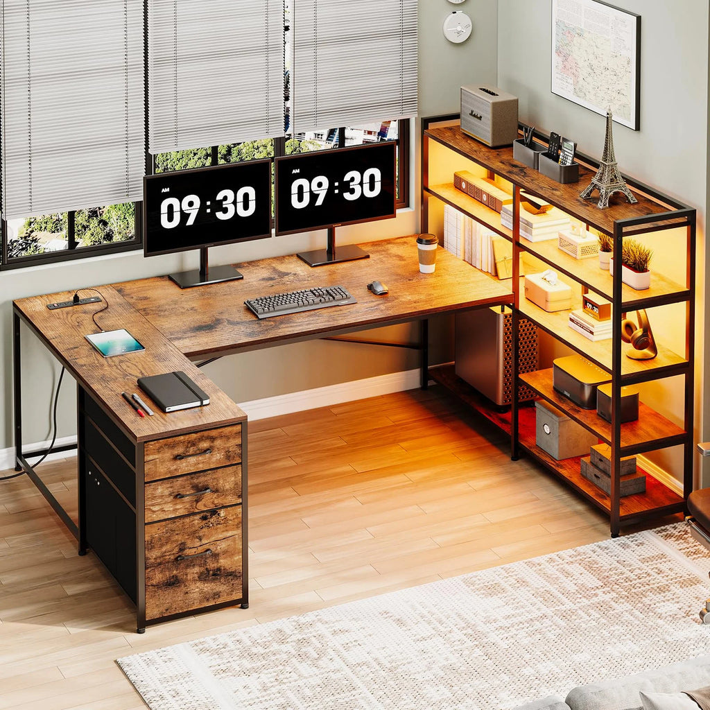 Reversible U Shaped Computer Desk with Power Outlet and LED Strip T737865