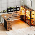 Reversible U Shaped Computer Desk with Power Outlet and LED Strip T737865
