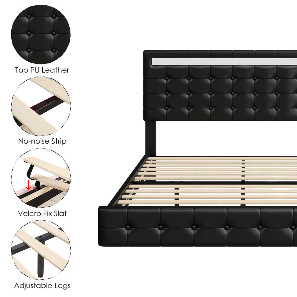 White Queen Floating Platform Bed with Lights and Storage K463