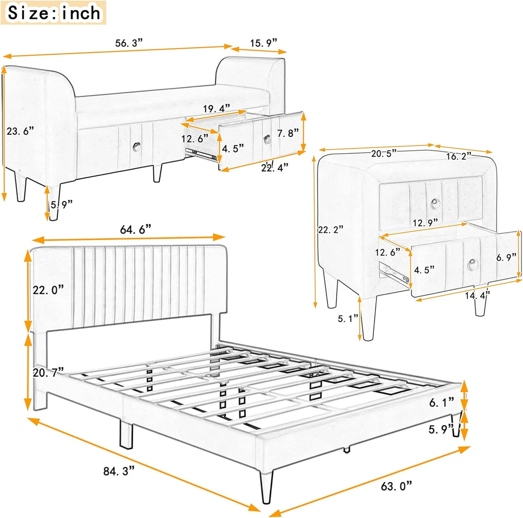 Queen Size Upholstered Platform Bed with Storage Bench Y30806