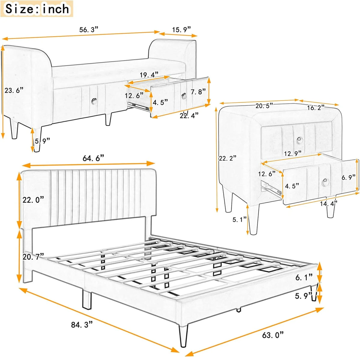 Queen Size Upholstered Platform Bed with Storage Bench Y30806