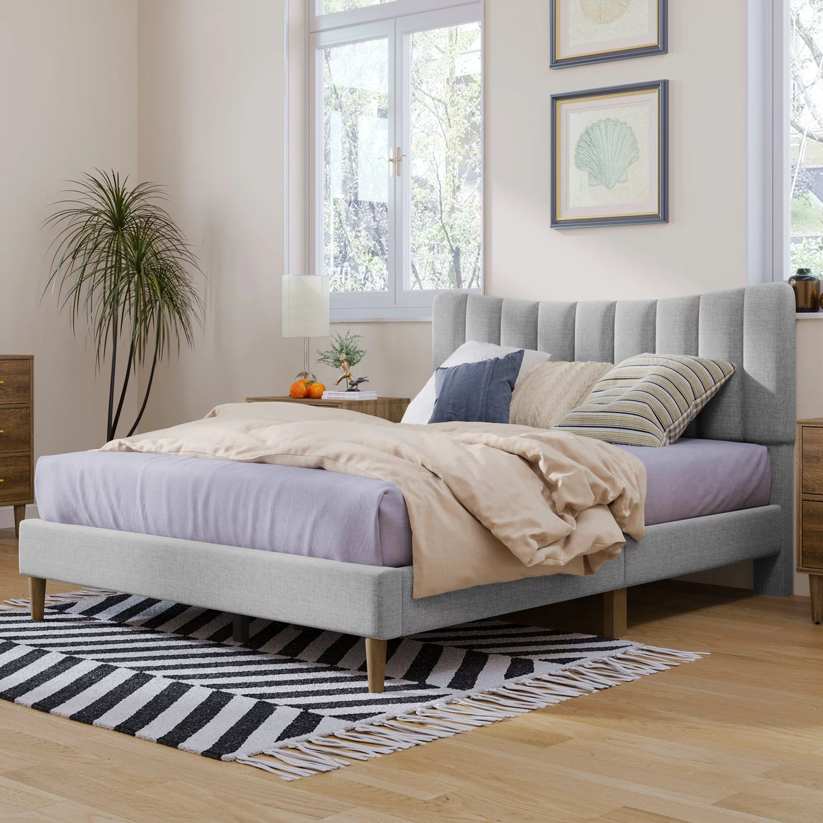 Gray Upholstered Platform Bed Frame with Tufted Headboard H72684