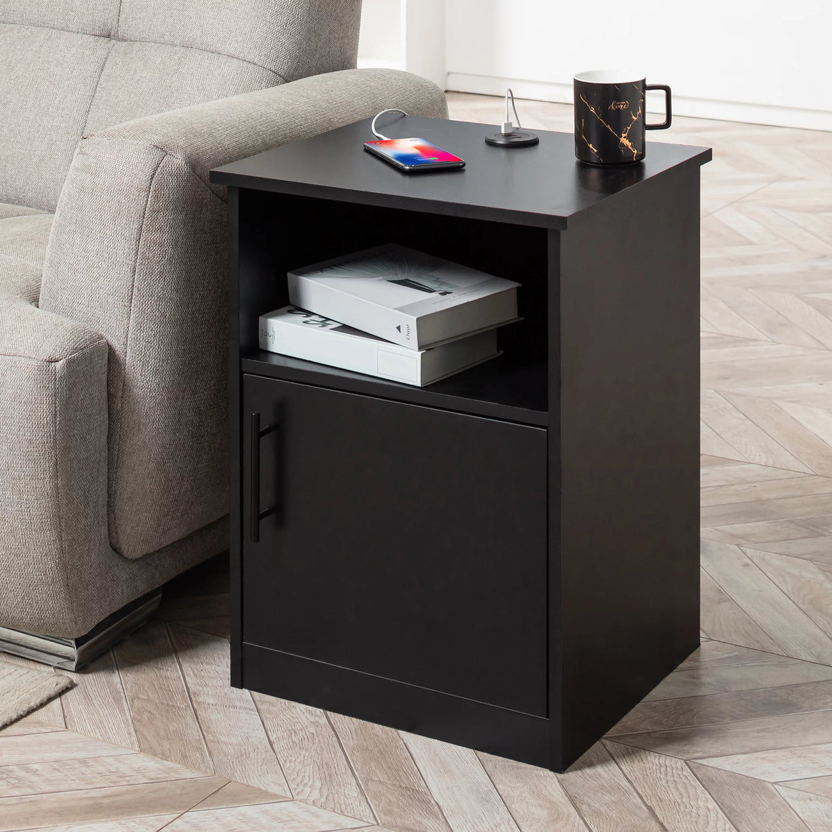Black Nightstand with Storage and 3 USB Ports C2815