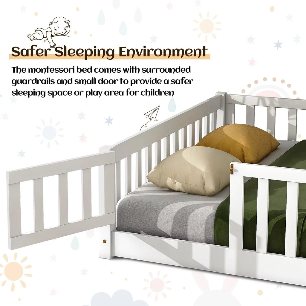 White Twin Floor Bed Frame with Fence and Wood Slats X246