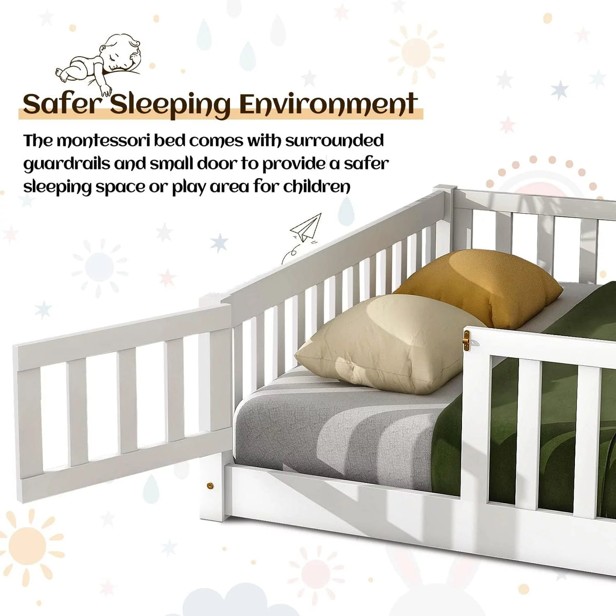 White Twin Floor Bed Frame with Fence and Wood Slats X246