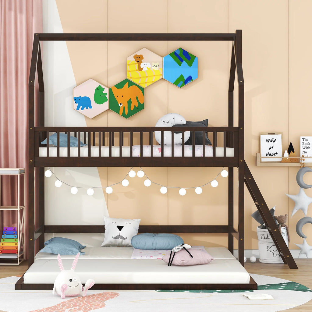 Twin Over Twin House Bunk Bed with Trundle and Roof N41318