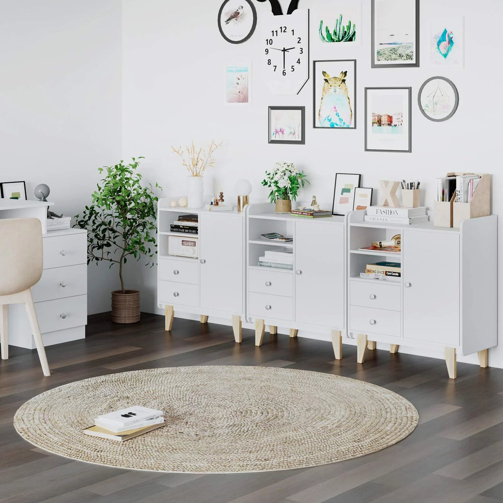 White Wooden Floor Storage Cabinet with Door and Drawers M348371