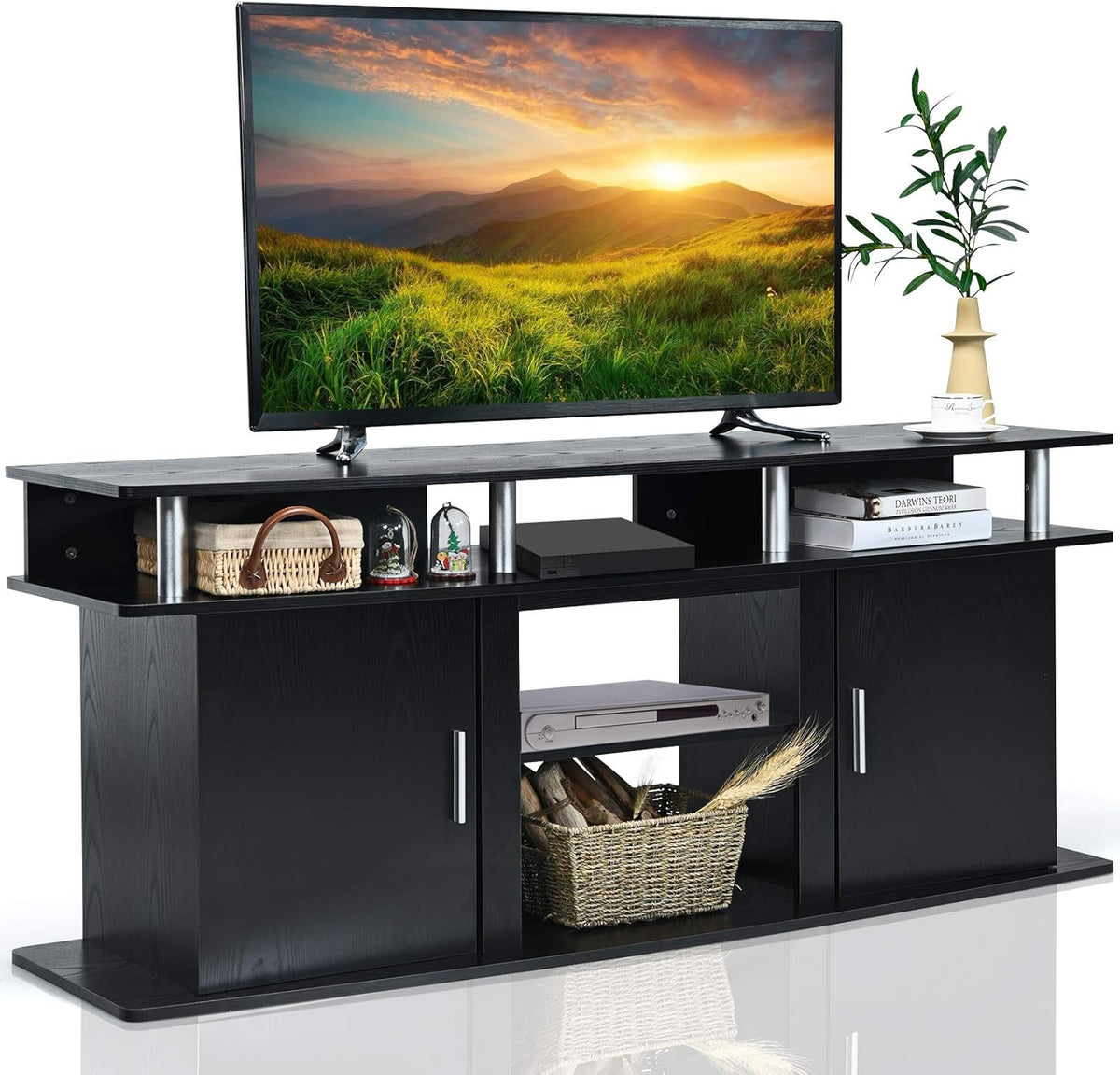 Black TV Stand with 2 Cabinets and Open Shelves Z35386