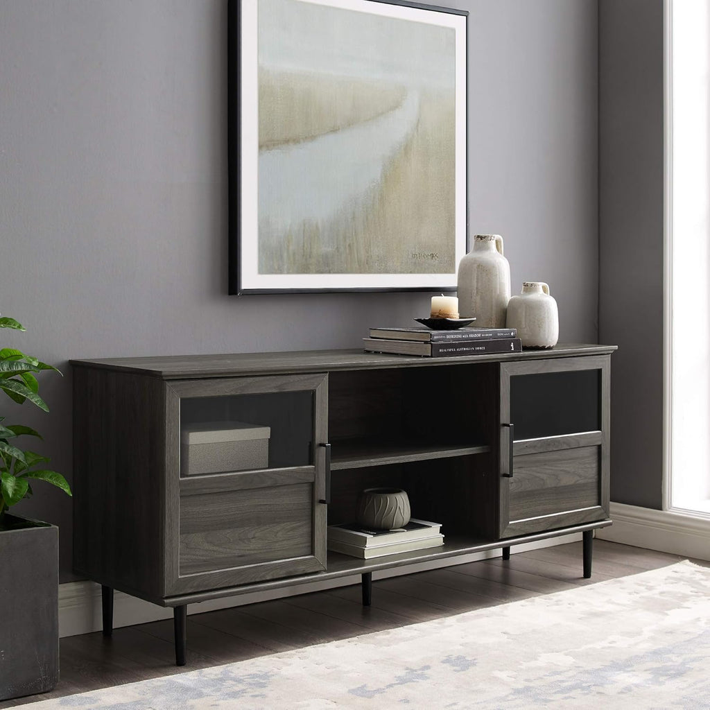 Dark Walnut 48 Inch Wood Corner TV Stand with Glass Cabinet Doors Q6664