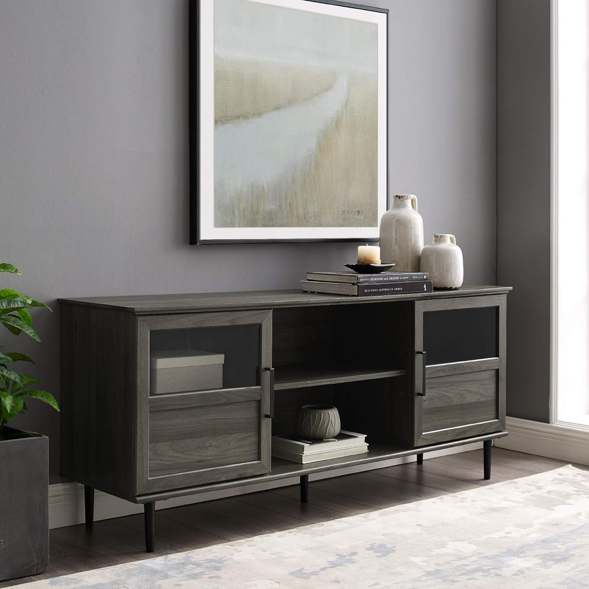 Dark Walnut 48 Inch Wood Corner TV Stand with Glass Cabinet Doors Q6664