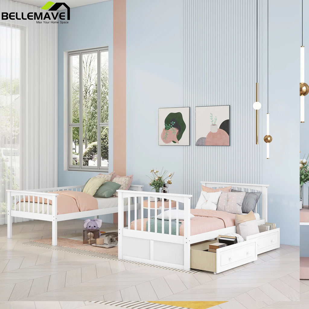 White Twin Over Twin Wooden Bunk Bed with 2 Storage Drawers M5682