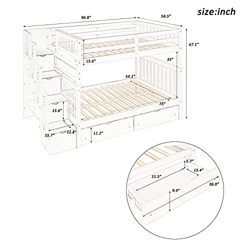 Twin Over Full Wooden Bunk Bed with Trundle and Stairway A653