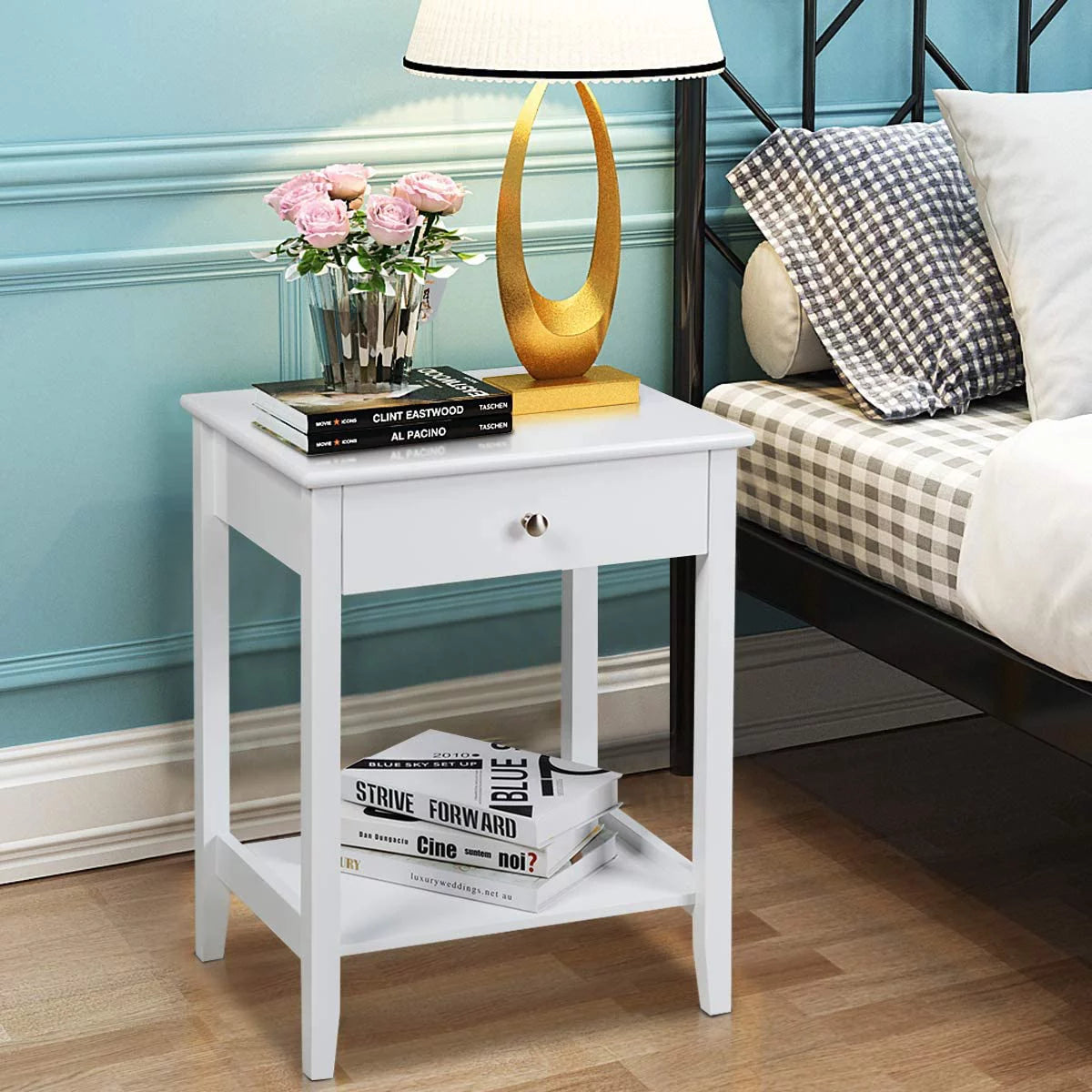White 2-Tier Wooden Nightstand with Drawer R9357