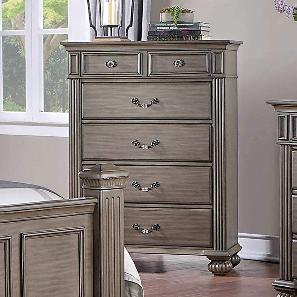 6pc Eastern King Size Bedroom Furniture Set Gray Solidwood V98300