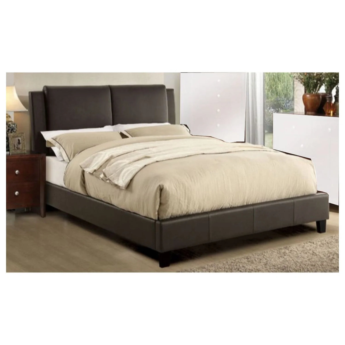 Wooden Queen Bed with Brown PU Headboard S4286