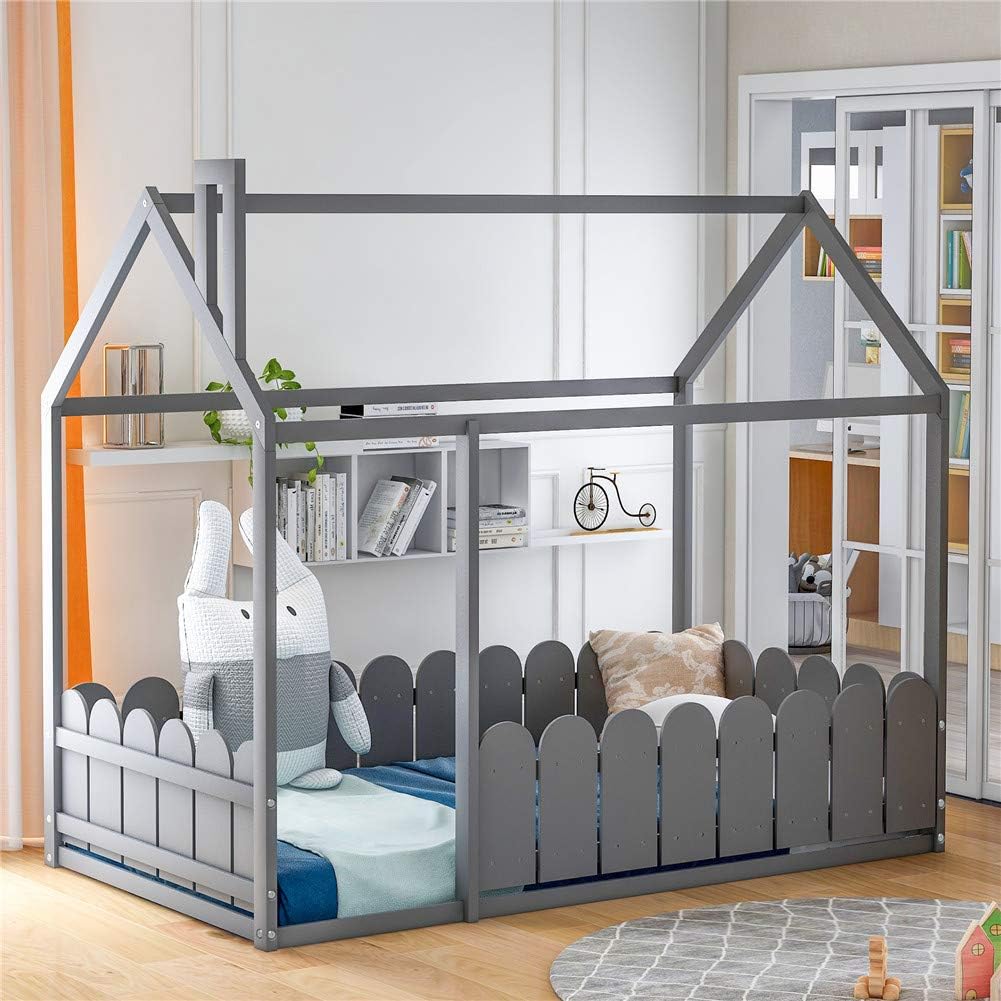 Twin Size Wood House Bed Frame with Fence U104