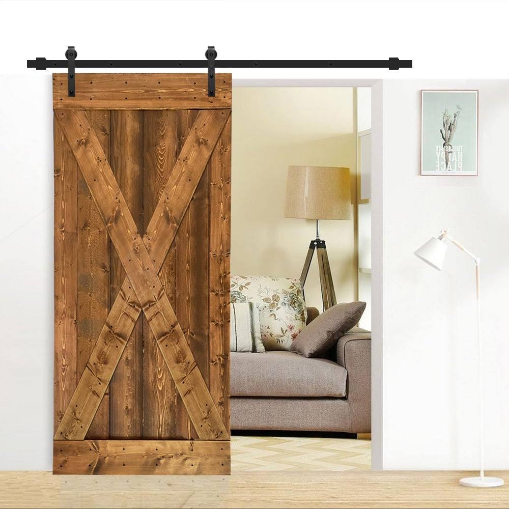 84 in. Walnut Stained Wood Interior Sliding Barn Door with Hardware Kit Y179