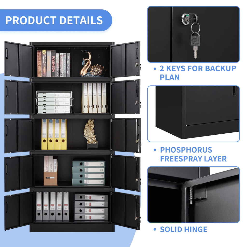 Metal Storage Cabinet with Lock, 10 Locking Doors, Black Steel U529965