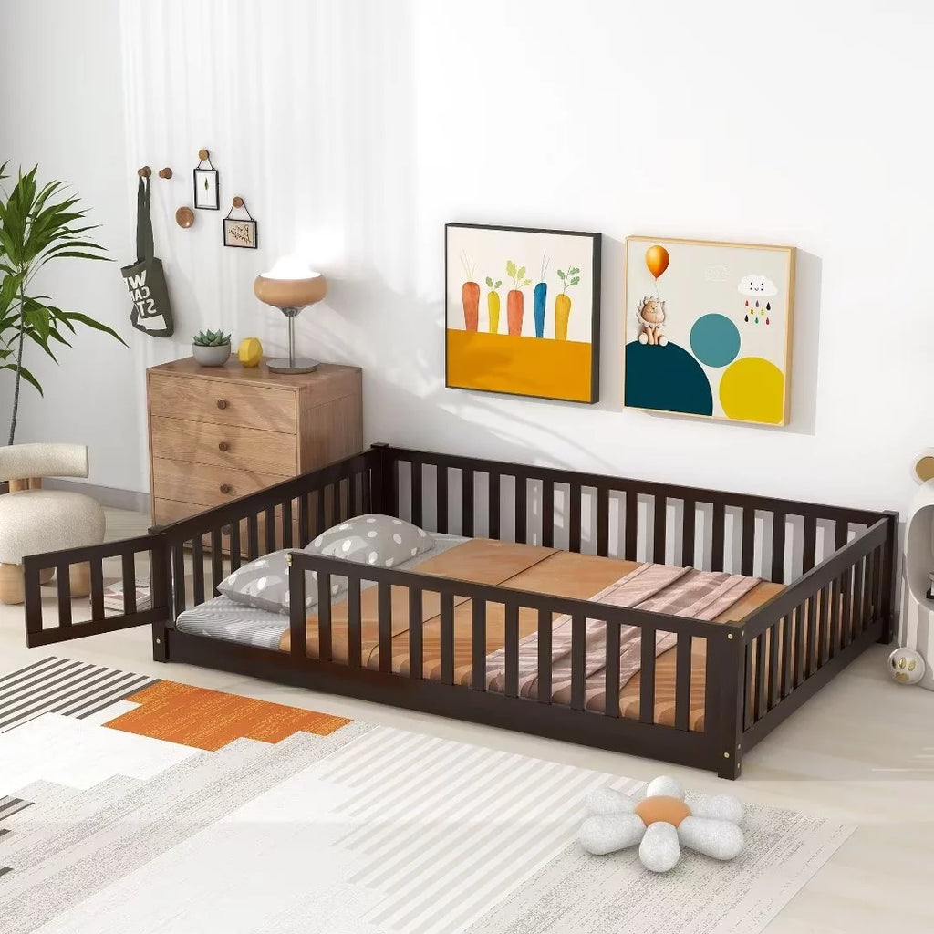 White Twin Floor Bed Frame with Fence and Wood Slats X246