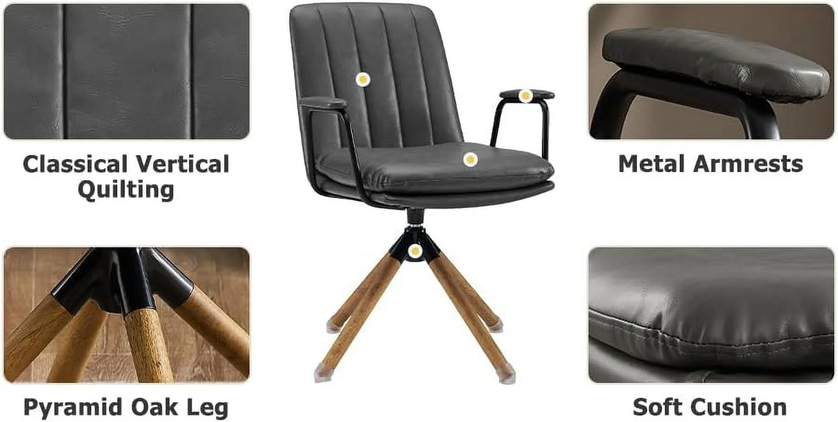 OffWhite PU Leather Swivel Office Chair with Oak Wood Legs O902297