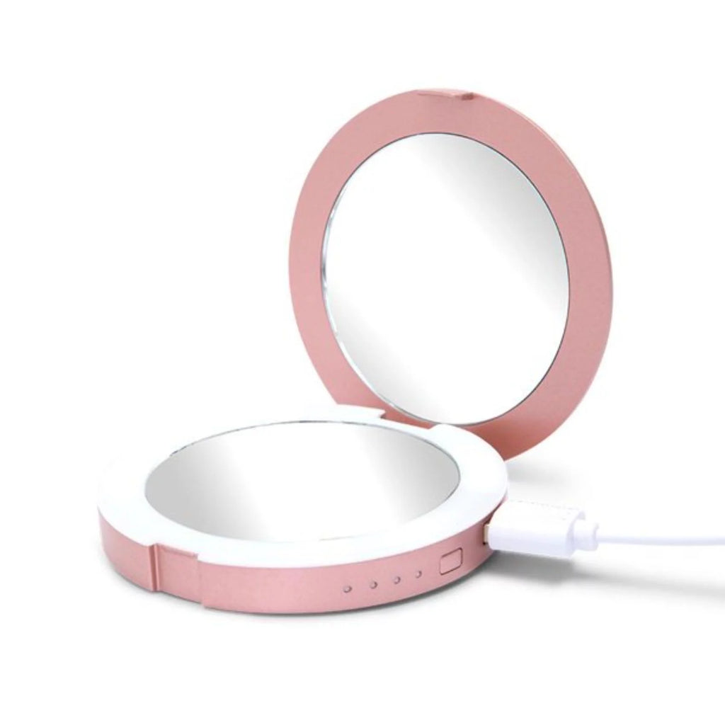Rechargeable Lighted Round Travel Mirror with 5X Magnifying Glass P753