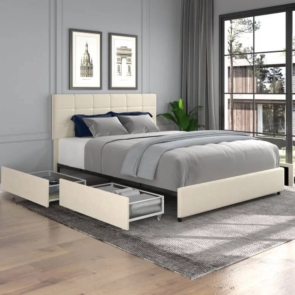 Queen Size Ivory Velvet Upholstered Platform Bed with 4 Drawers Storage H32812