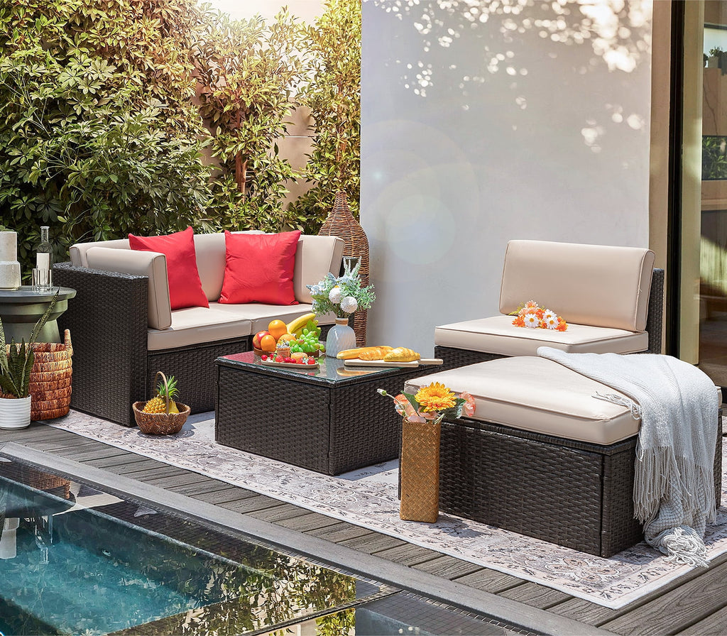 5 Pieces PE Rattan Wicker Patio Sectional Set with Table E8805