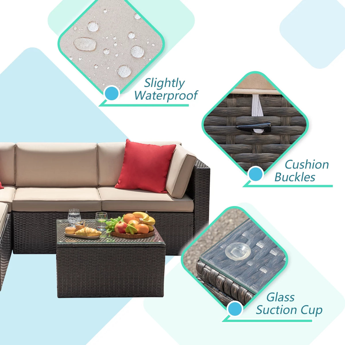 5 Pieces PE Rattan Wicker Patio Sectional Set with Table E8805