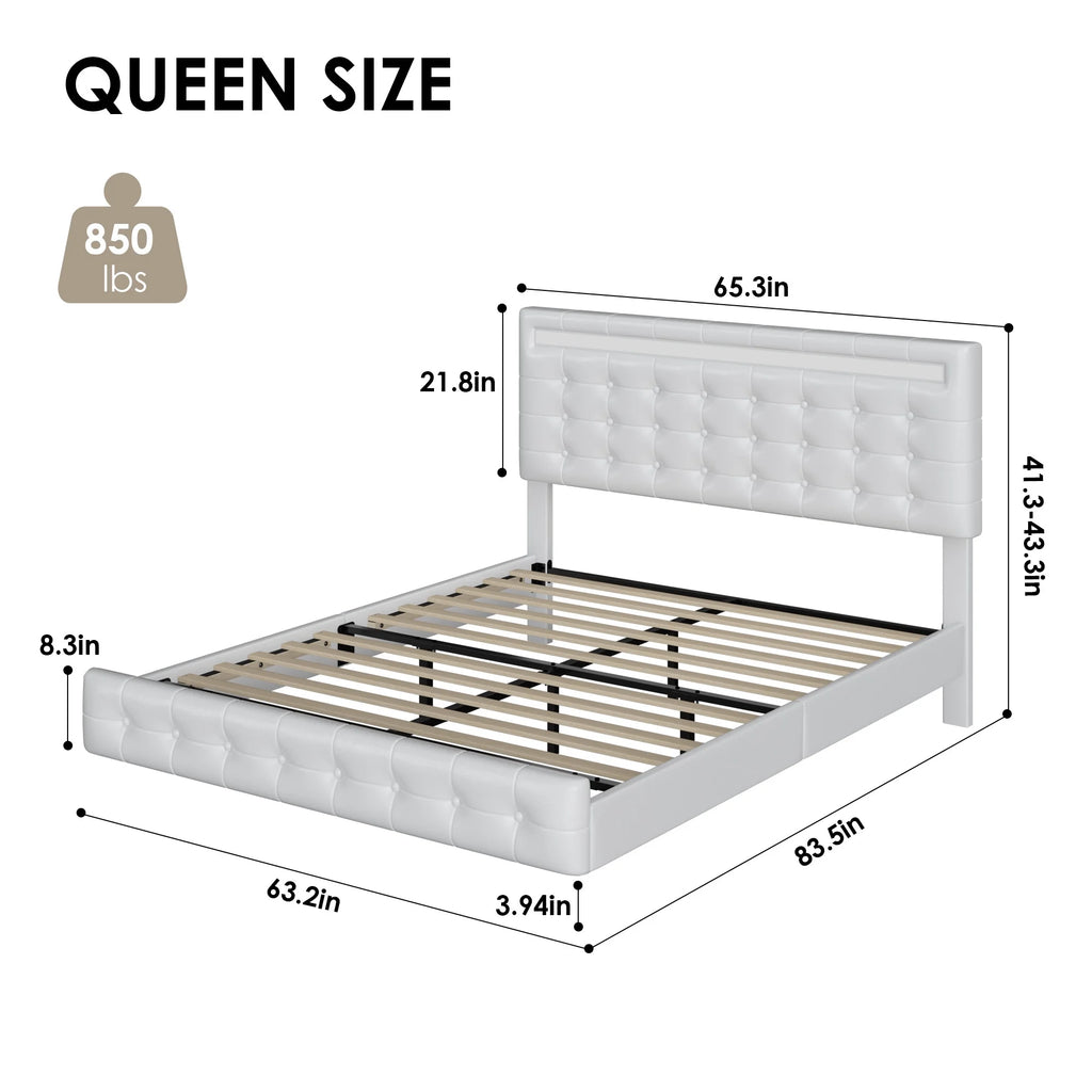 White Queen Floating Platform Bed with Lights and Storage K463