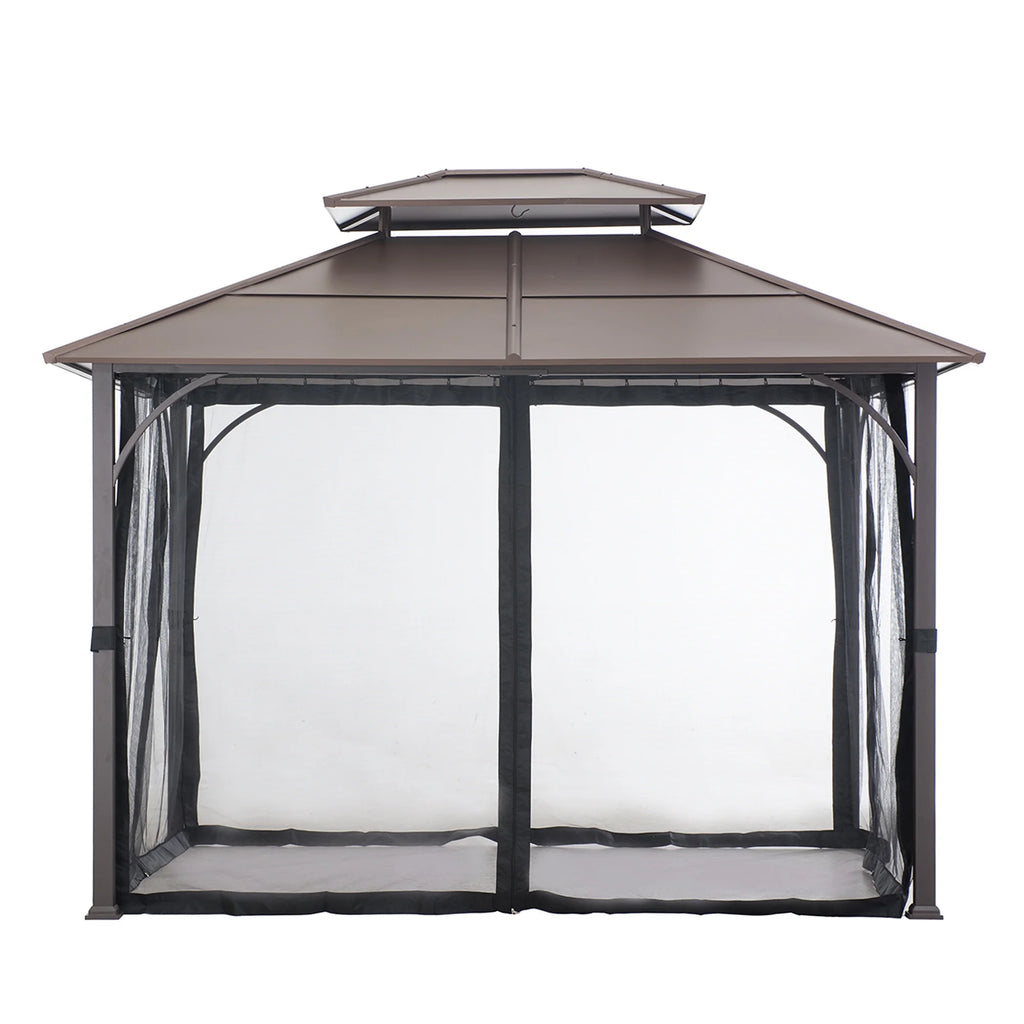 Brown 10x12 ft. Steel Frame 2-Tier Hardtop Roof Gazebo with Netting W48876