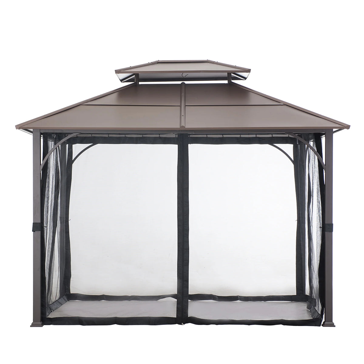 Brown 10x12 ft. Steel Frame 2-Tier Hardtop Roof Gazebo with Netting W48876
