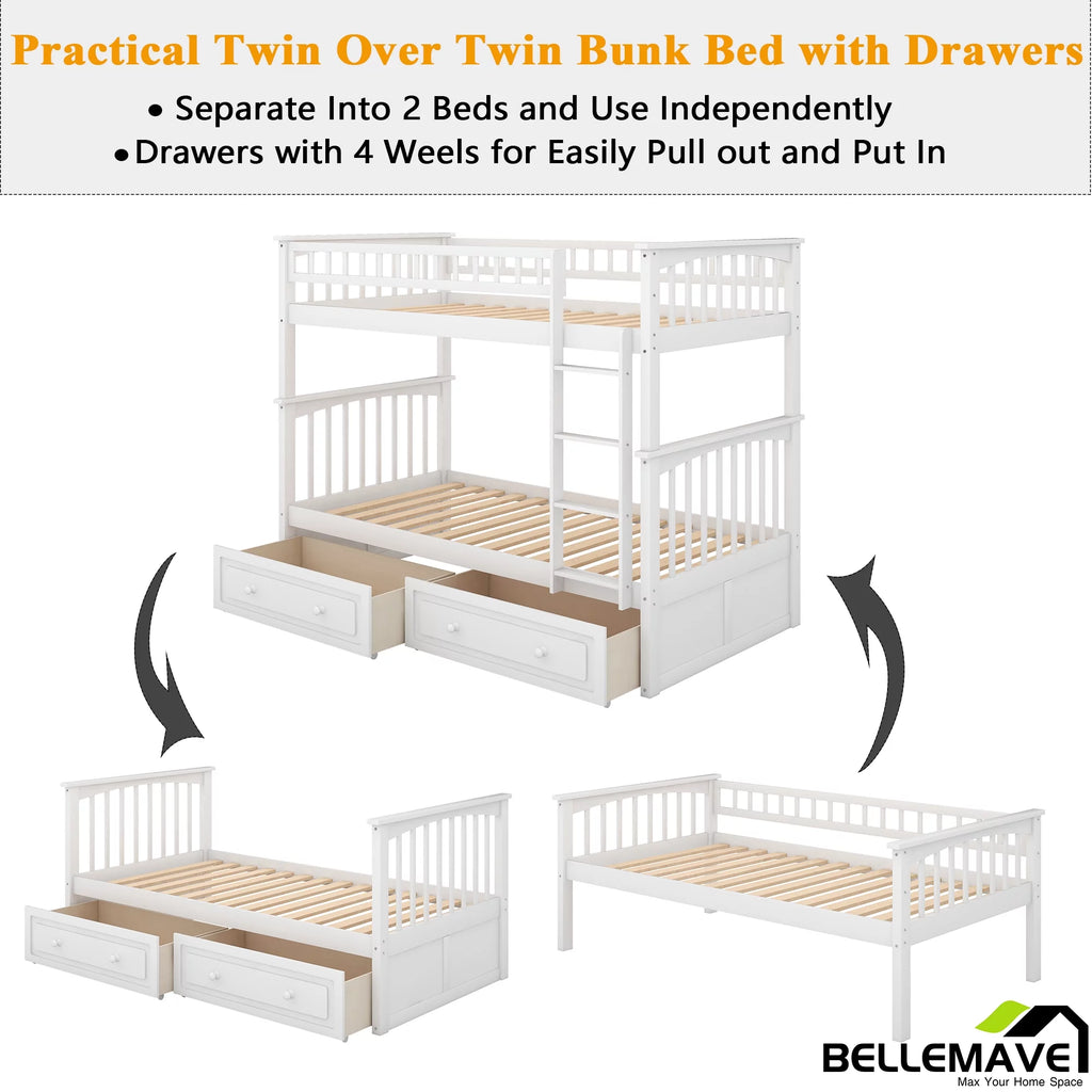 White Twin Over Twin Wooden Bunk Bed with 2 Storage Drawers M5682