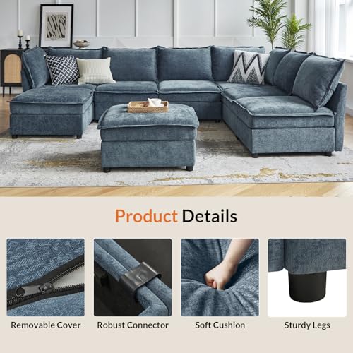 127'' Beige Chenille Modular Sectional Sofa with Storage Ottoman P8927