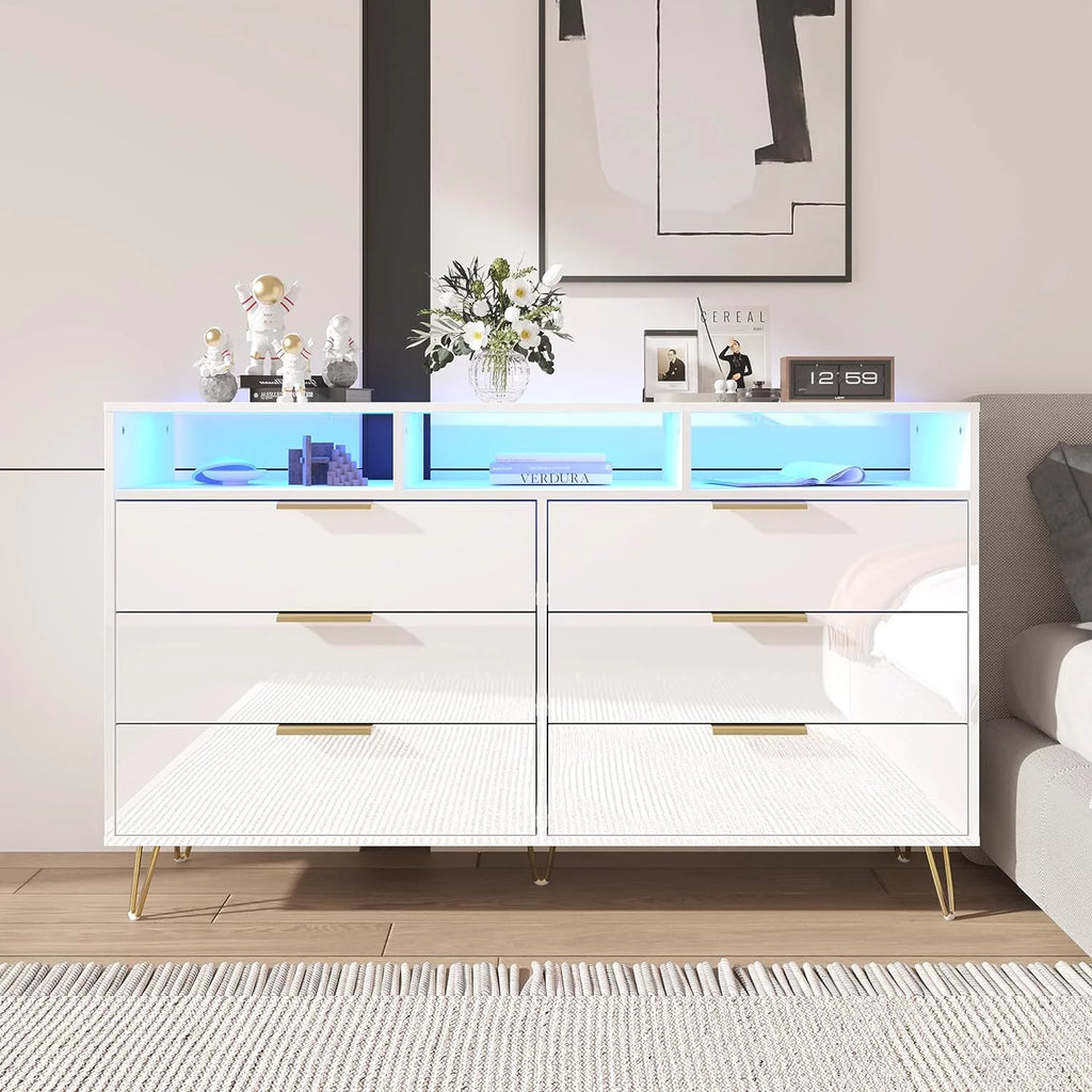 White 6 Drawer Wood Dresser with LED Lights L99439