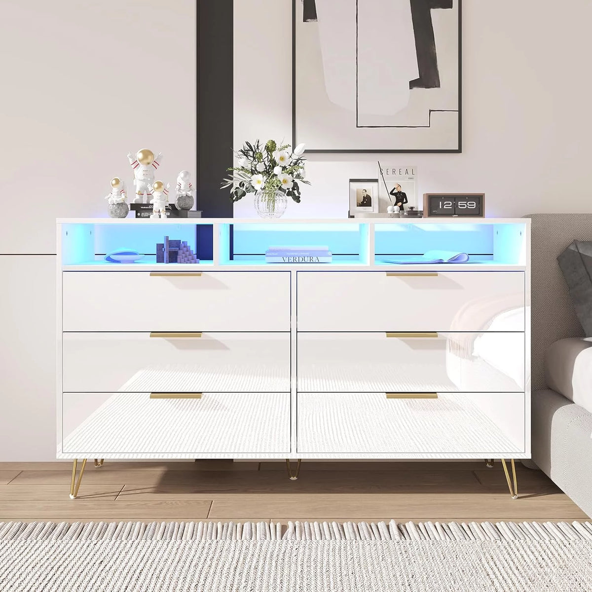 White 6 Drawer Wood Dresser with LED Lights L99439