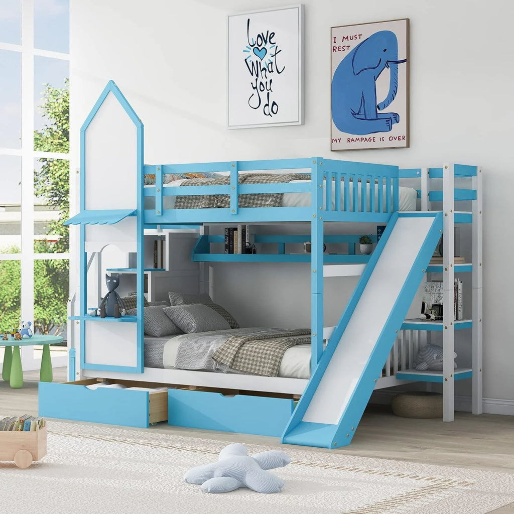 Full Over Full Wooden Bunk Bed with Slide Storage Drawers Shelves L369547