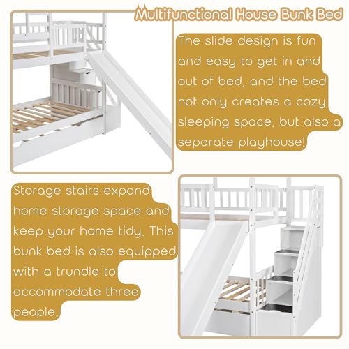 White Twin Over Twin Wood Bunk Bed with Slide and Trundle F422