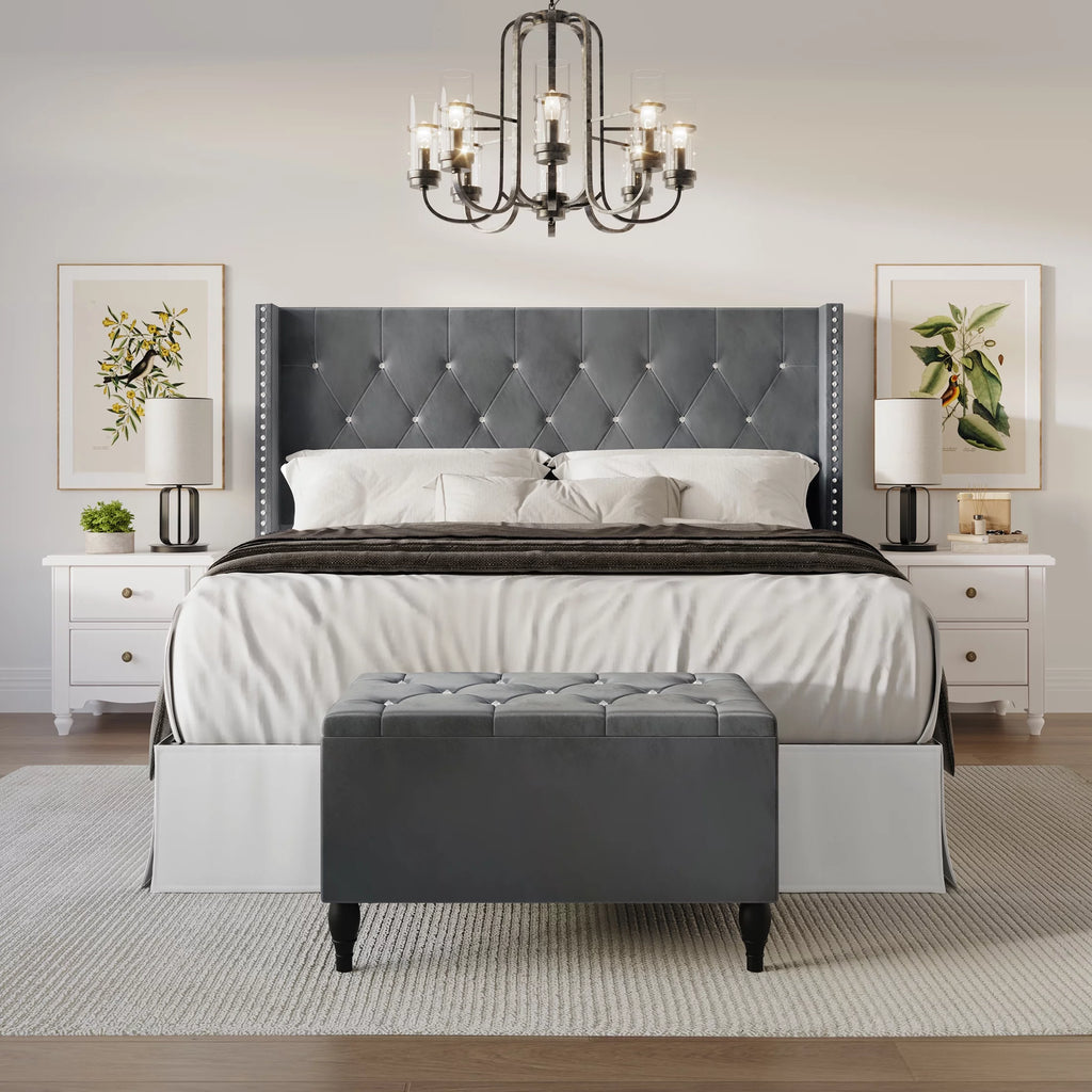 Black Velvet Upholstered Storage Bench Bed X94231
