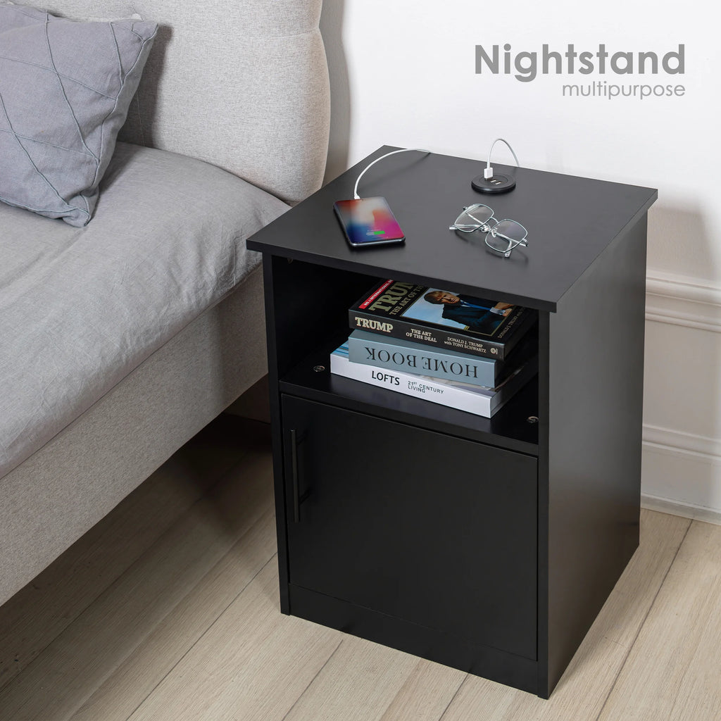 Black Nightstand with Storage and 3 USB Ports C2815