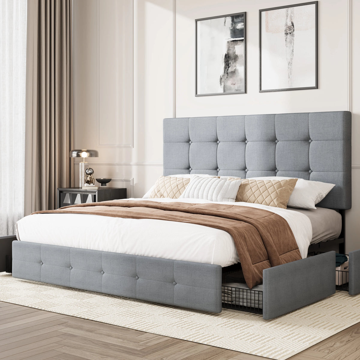 Queen Size Platform Bed Frame with Headboard and 4 Storage Drawers W873