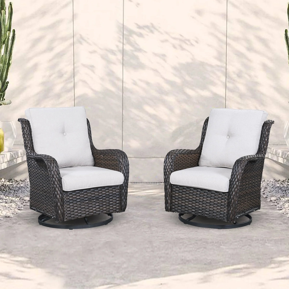 Outdoor Wicker Glider Swivel Club Chairs Set of 2 Brown Beige U79023