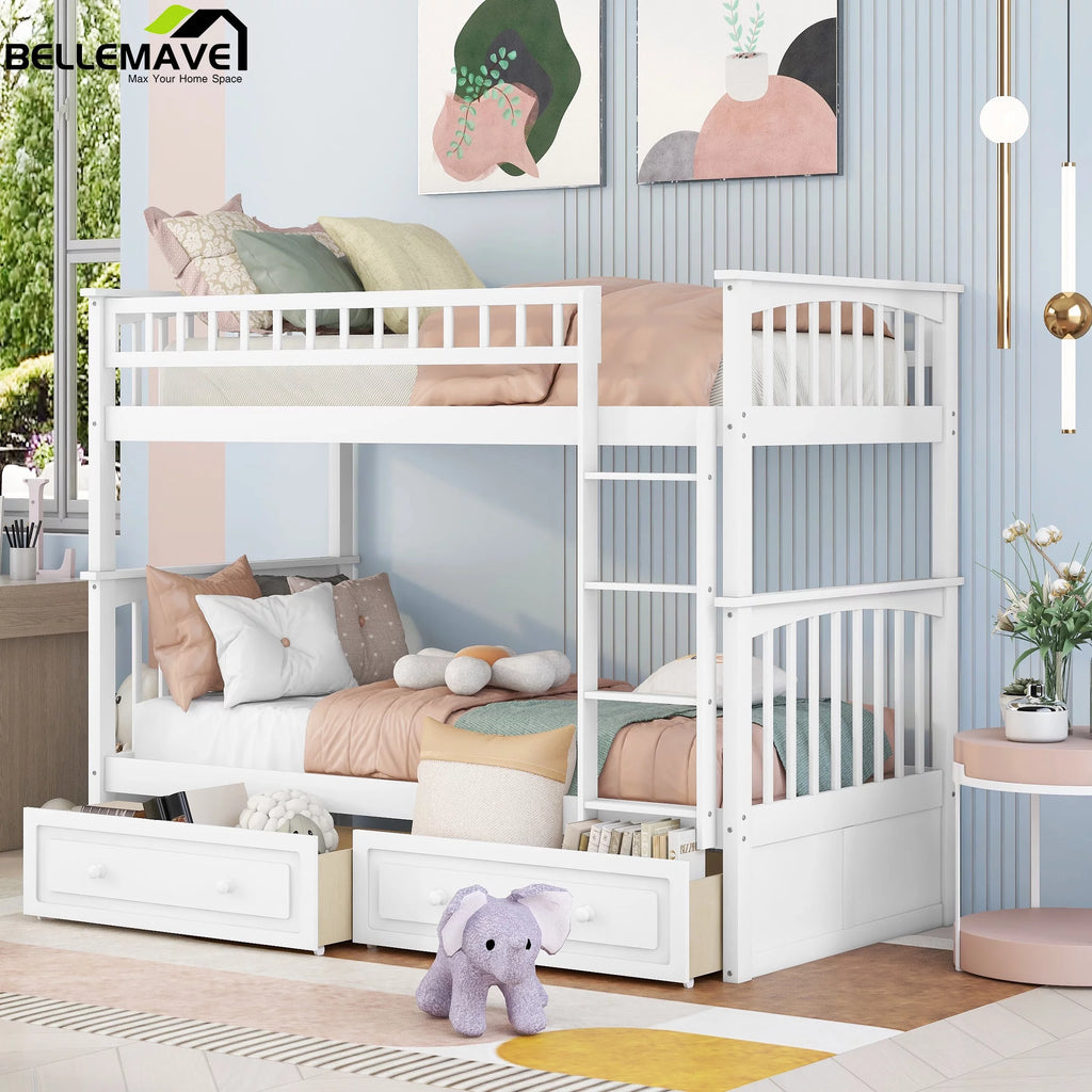 White Twin Over Twin Wooden Bunk Bed with 2 Storage Drawers M5682