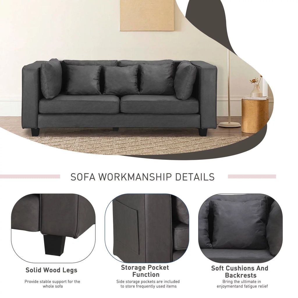 Grey Faux Leather Sofa with 5 Pillows I703