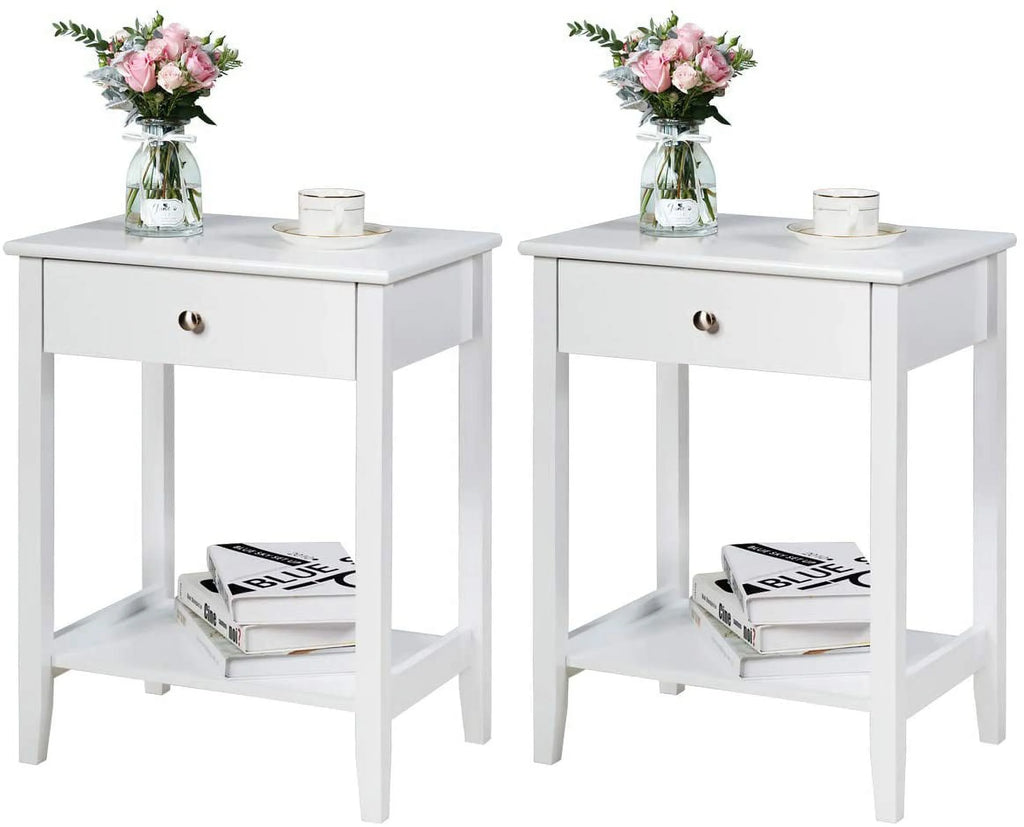 White 2-Tier Wooden Nightstand with Drawer R9357