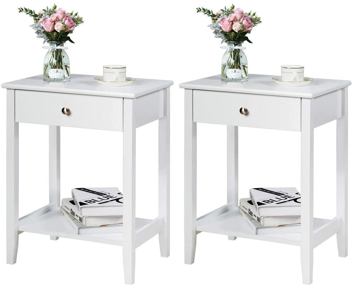 White 2-Tier Wooden Nightstand with Drawer R9357